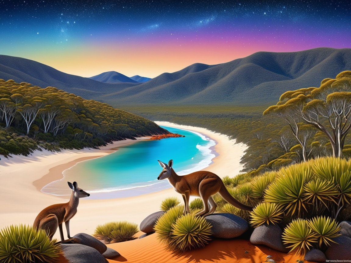 Kangaroos Overlooking a Tranquil Beach Landscape