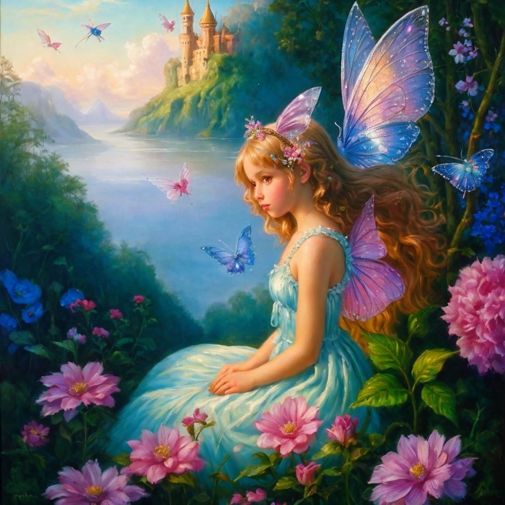 Young girl with butterfly wings in a floral fantasy scene