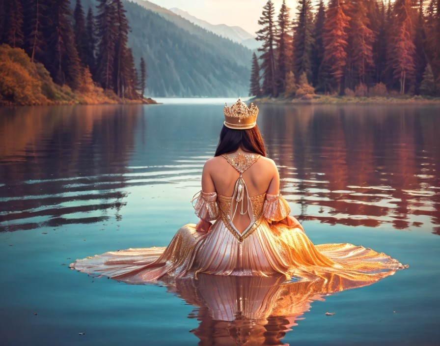 Woman in Golden Gown by Tranquil Lake and Mountains