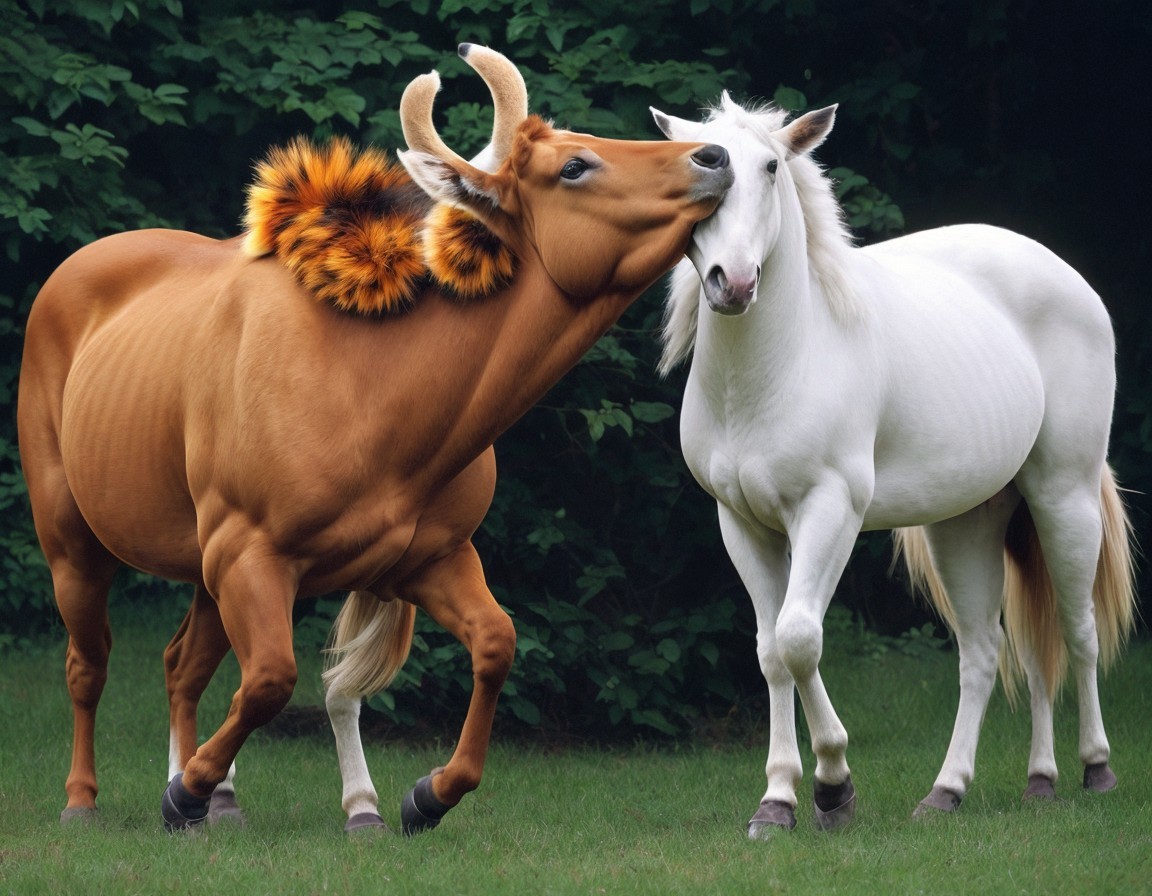 Playful Cow and White Horse in Pastoral Scene