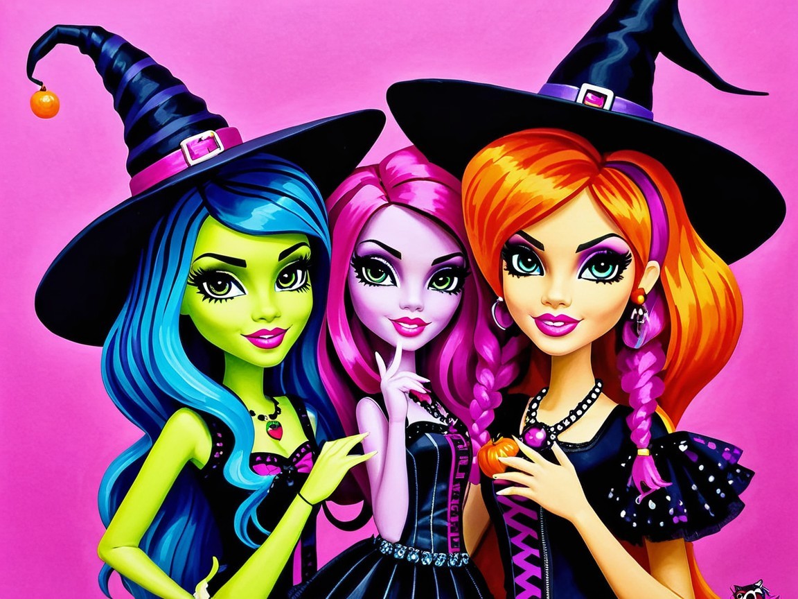 Stylish Cartoon Witches with Colorful Hair and Hats