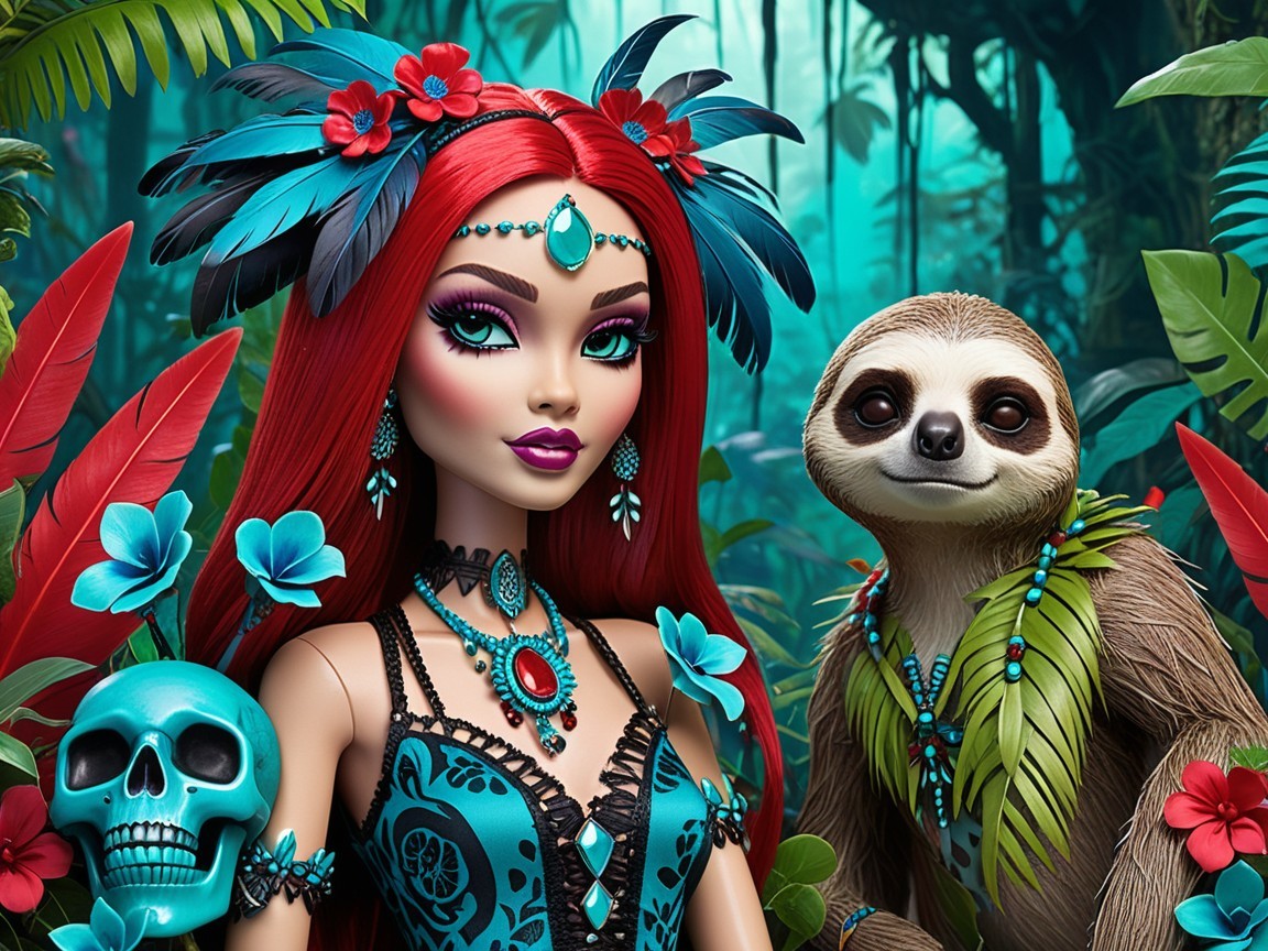 Vibrant Jungle Scene with Doll and Sloth Companion