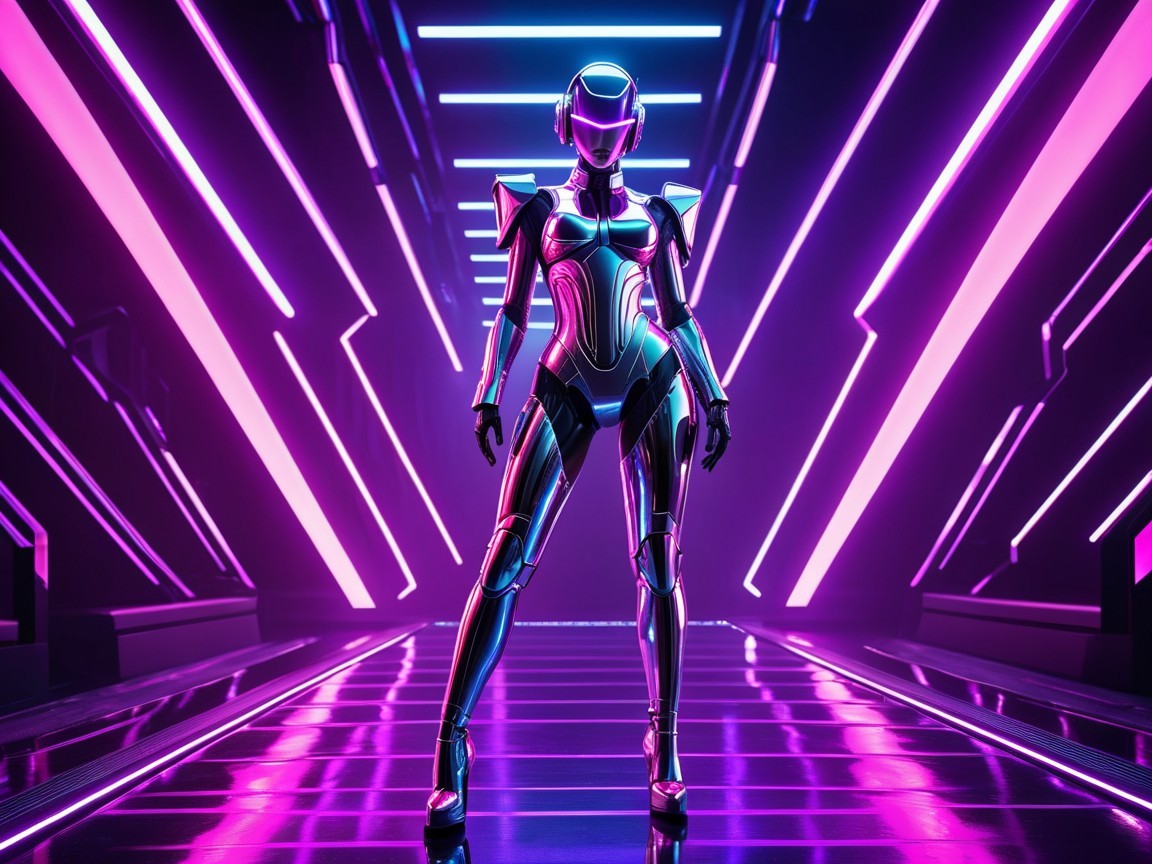 Futuristic Humanoid Robot in Neon-Lit Corridor