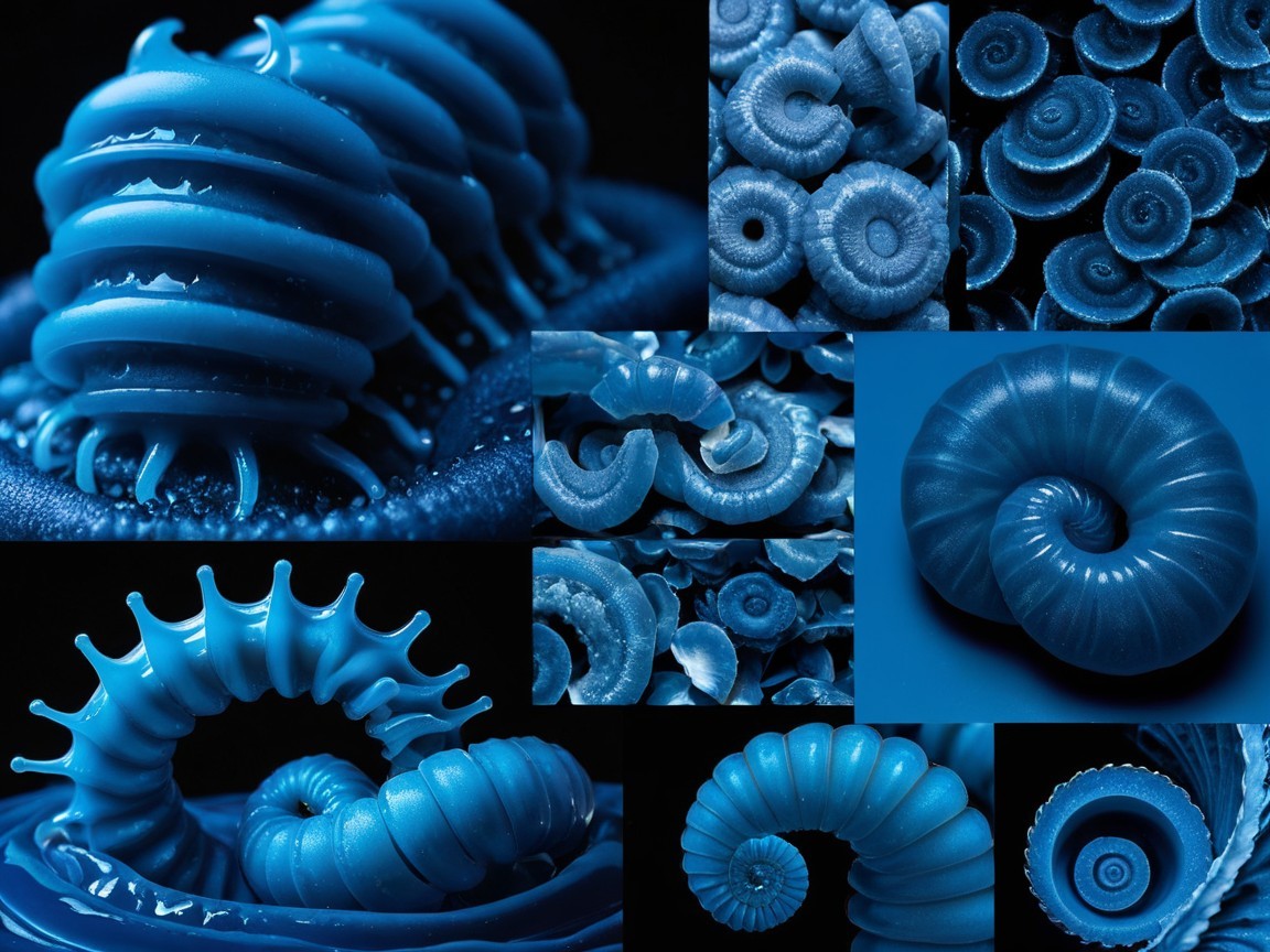 Blue Spiral Shells with Ammonite-Like Textures