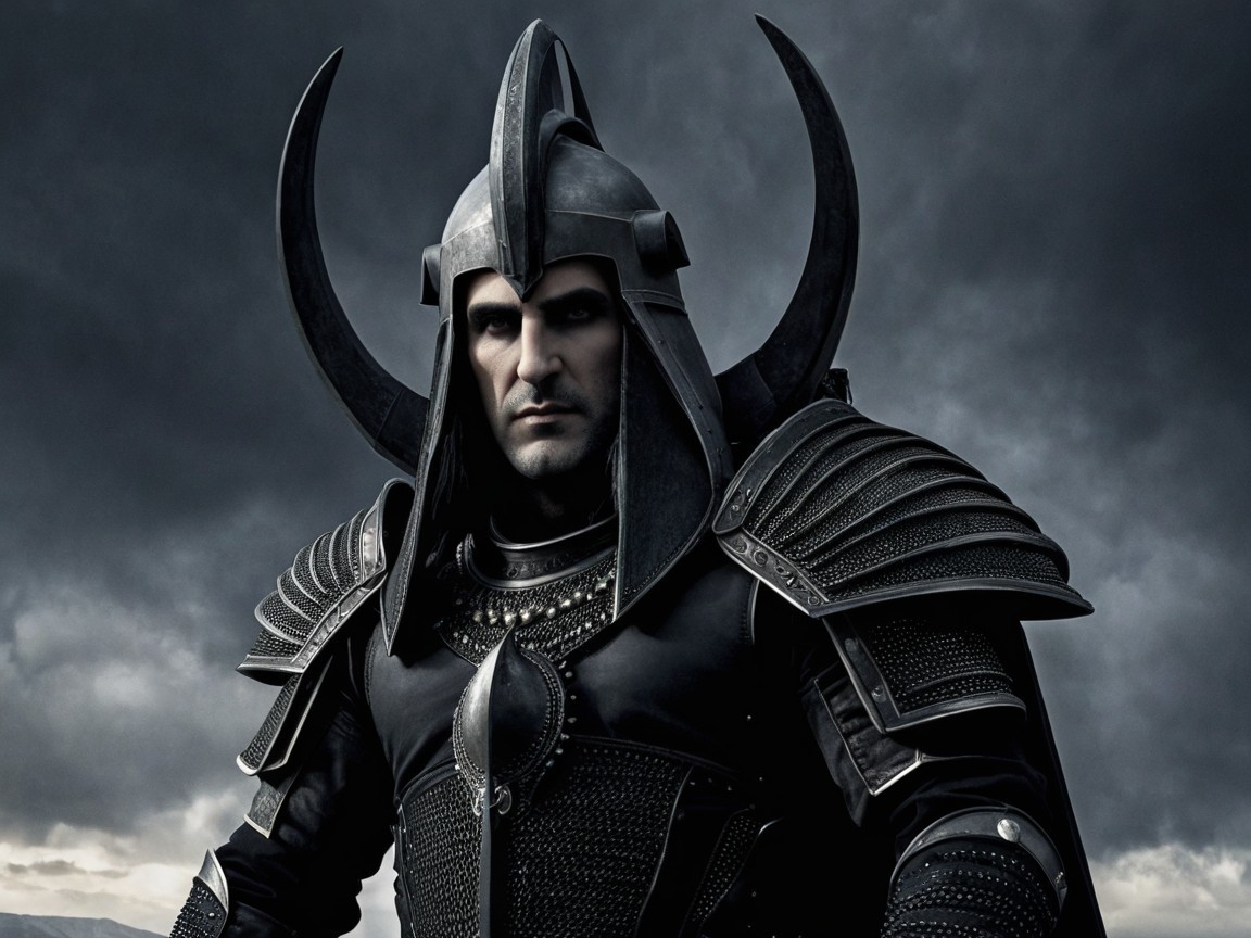Warrior in Black Armor Against Stormy Sky Background