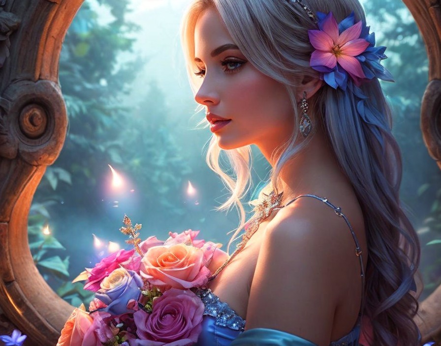Graceful woman with flowers and vibrant roses in light