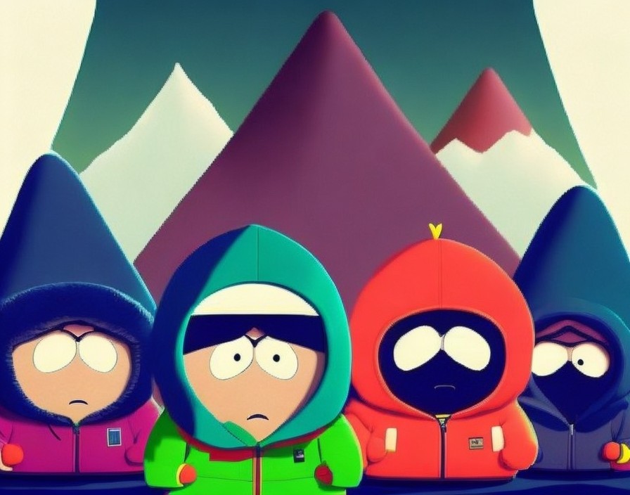 Four Characters in Colorful Winter Jackets Against Mountains