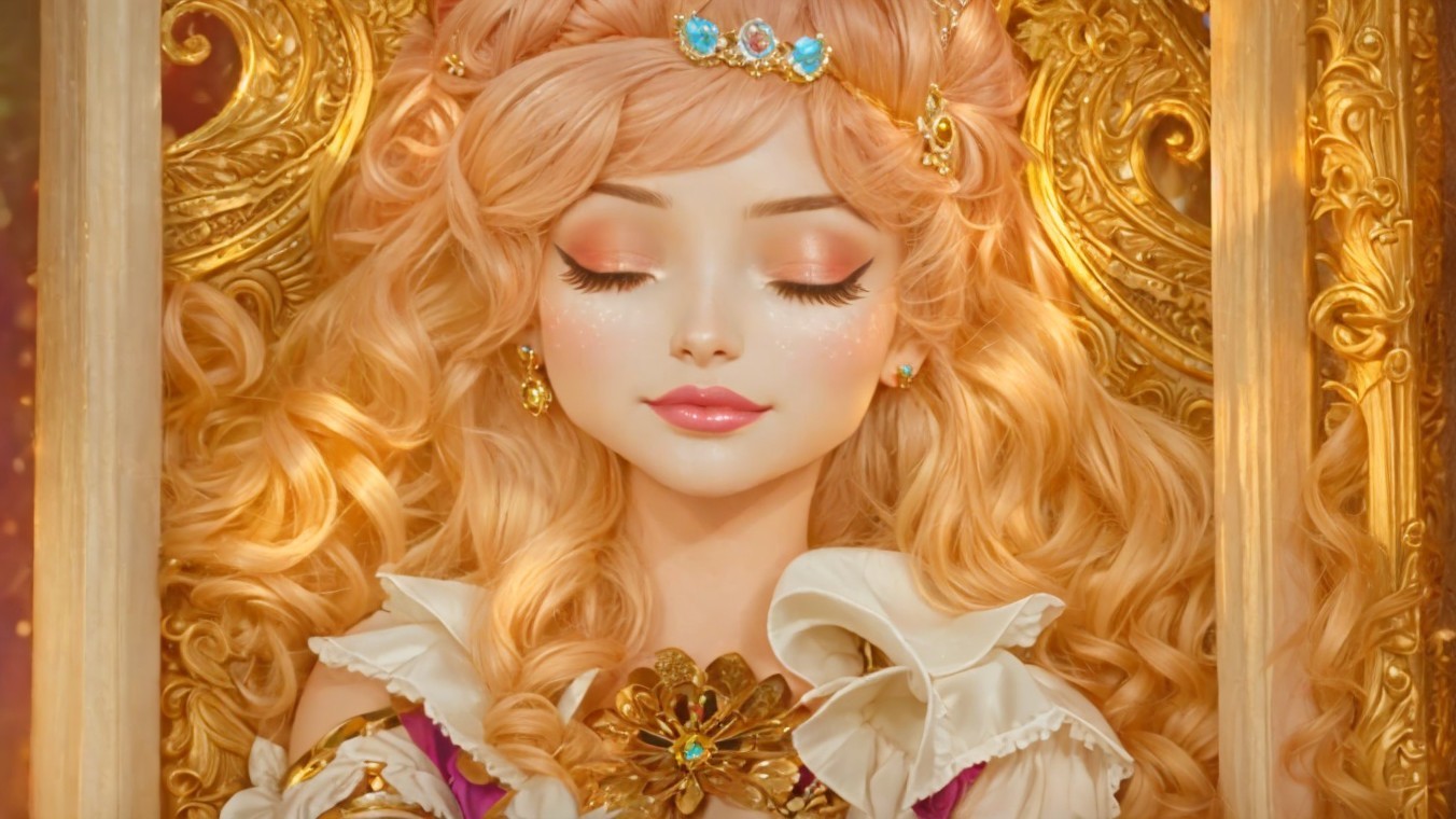 Serene Princess in Lavish Dress Against Gilded Background