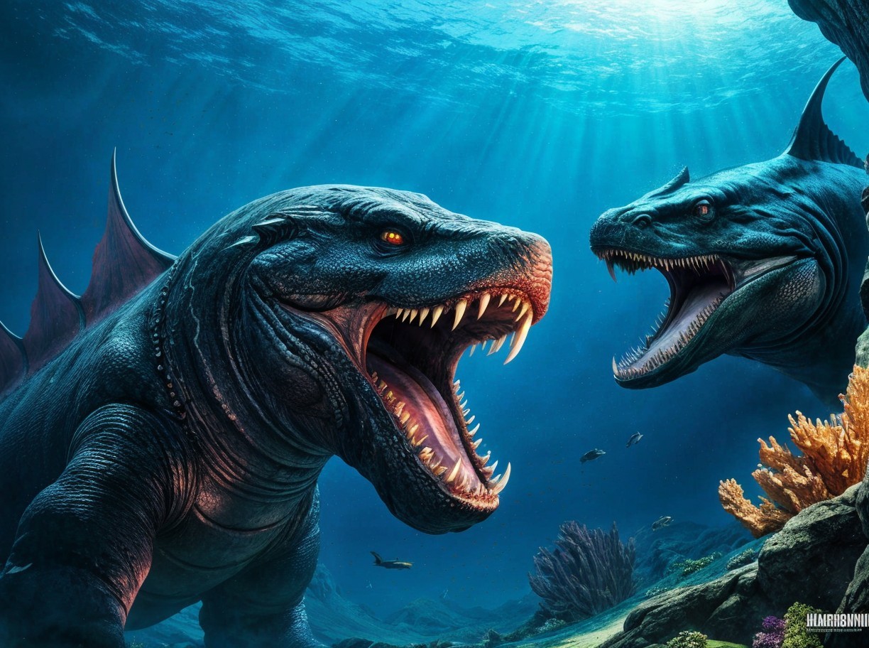 Prehistoric Aquatic Creatures in Underwater Confrontation