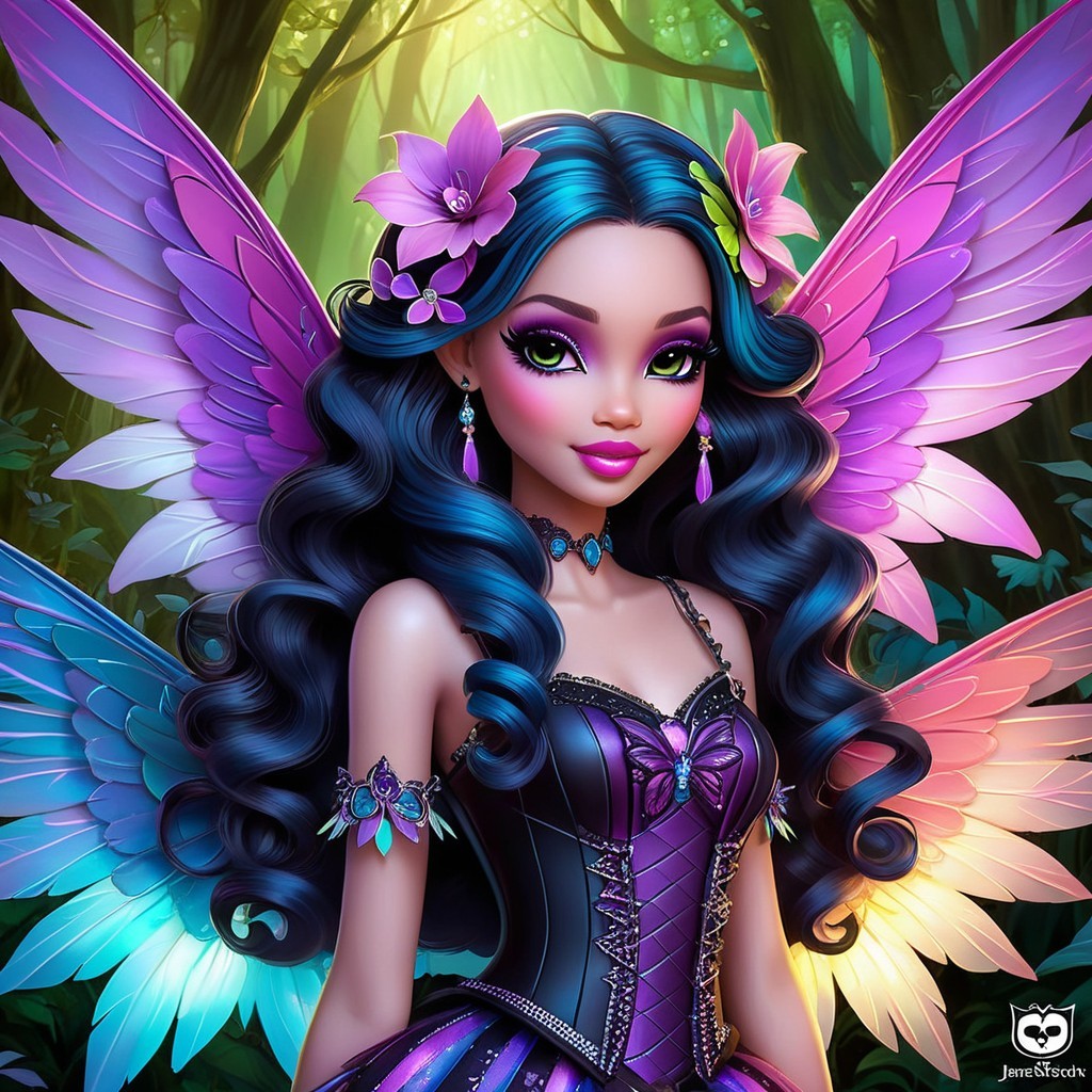 Fairy in Lush Forest with Vibrant Hair and Wings