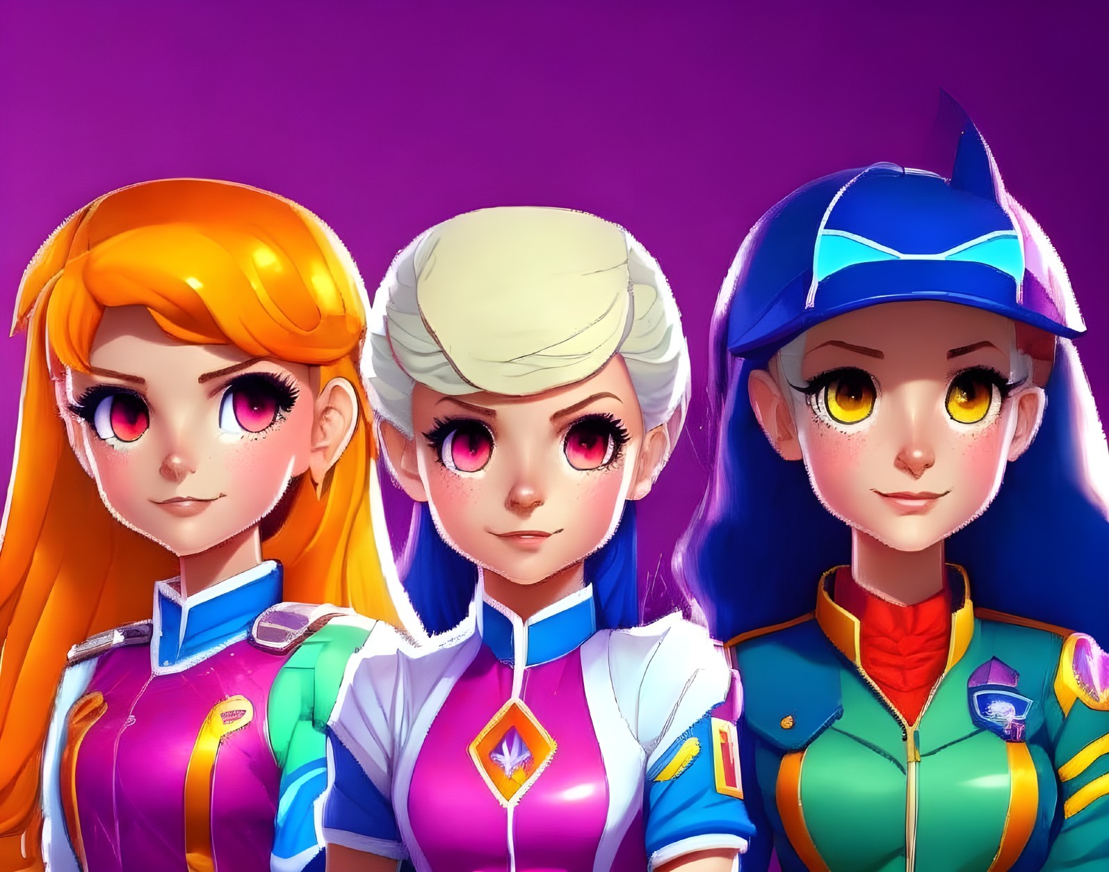 Three Stylized Female Characters with Colorful Hair