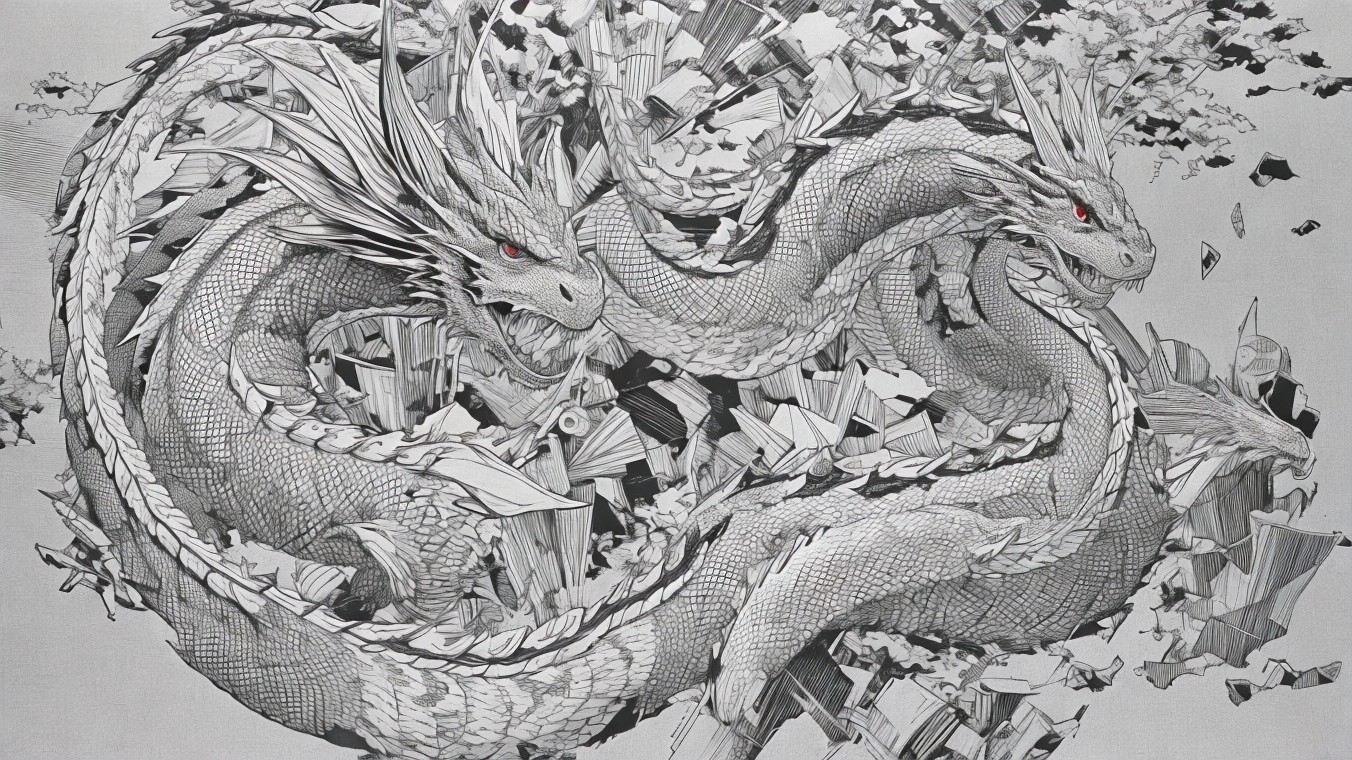 Intricate Illustration of Two Fierce Intertwined Dragons