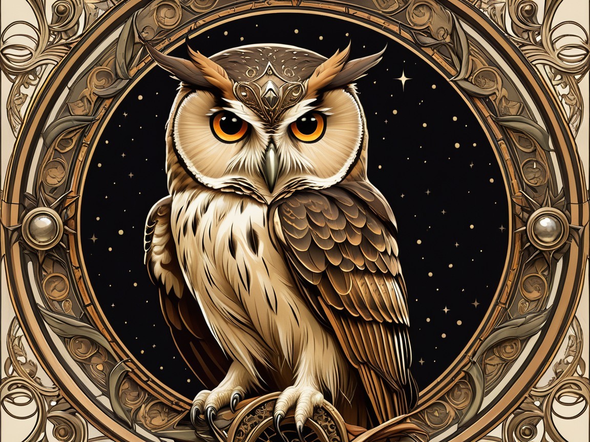 Majestic Owl Illustration with Orange Eyes and Patterns