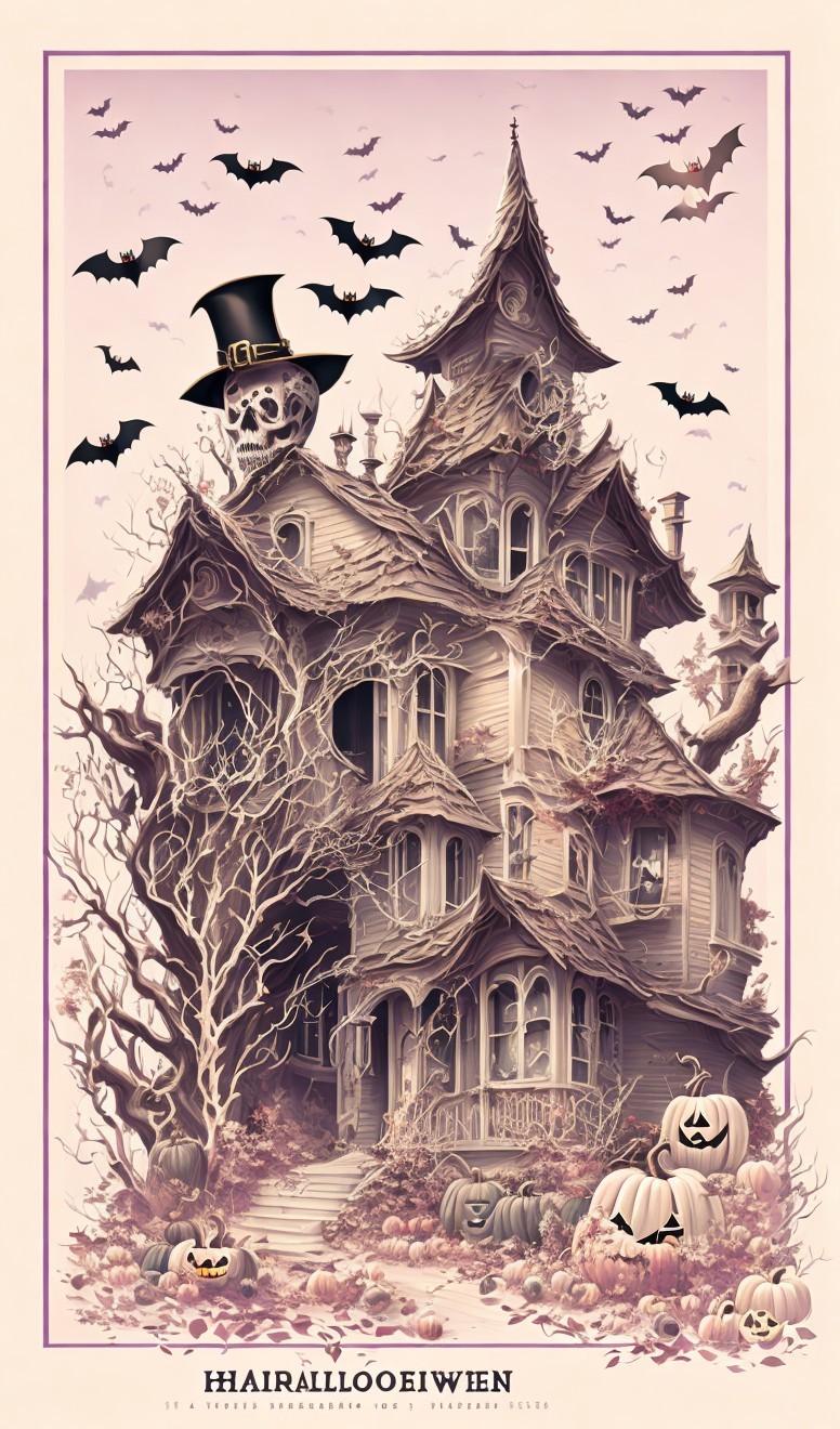 Whimsical Haunted House Illustration with Halloween Theme