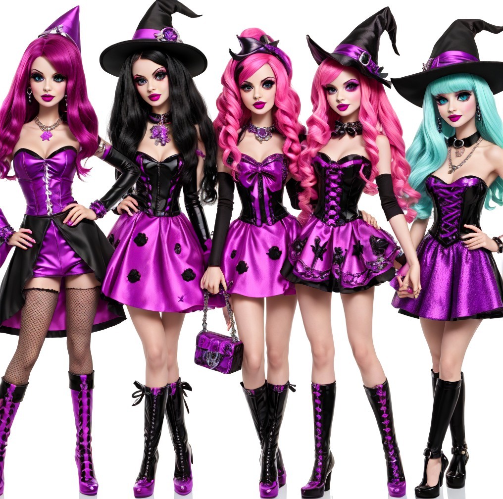 Stylish Dolls in Vibrant Purple Witch Costumes