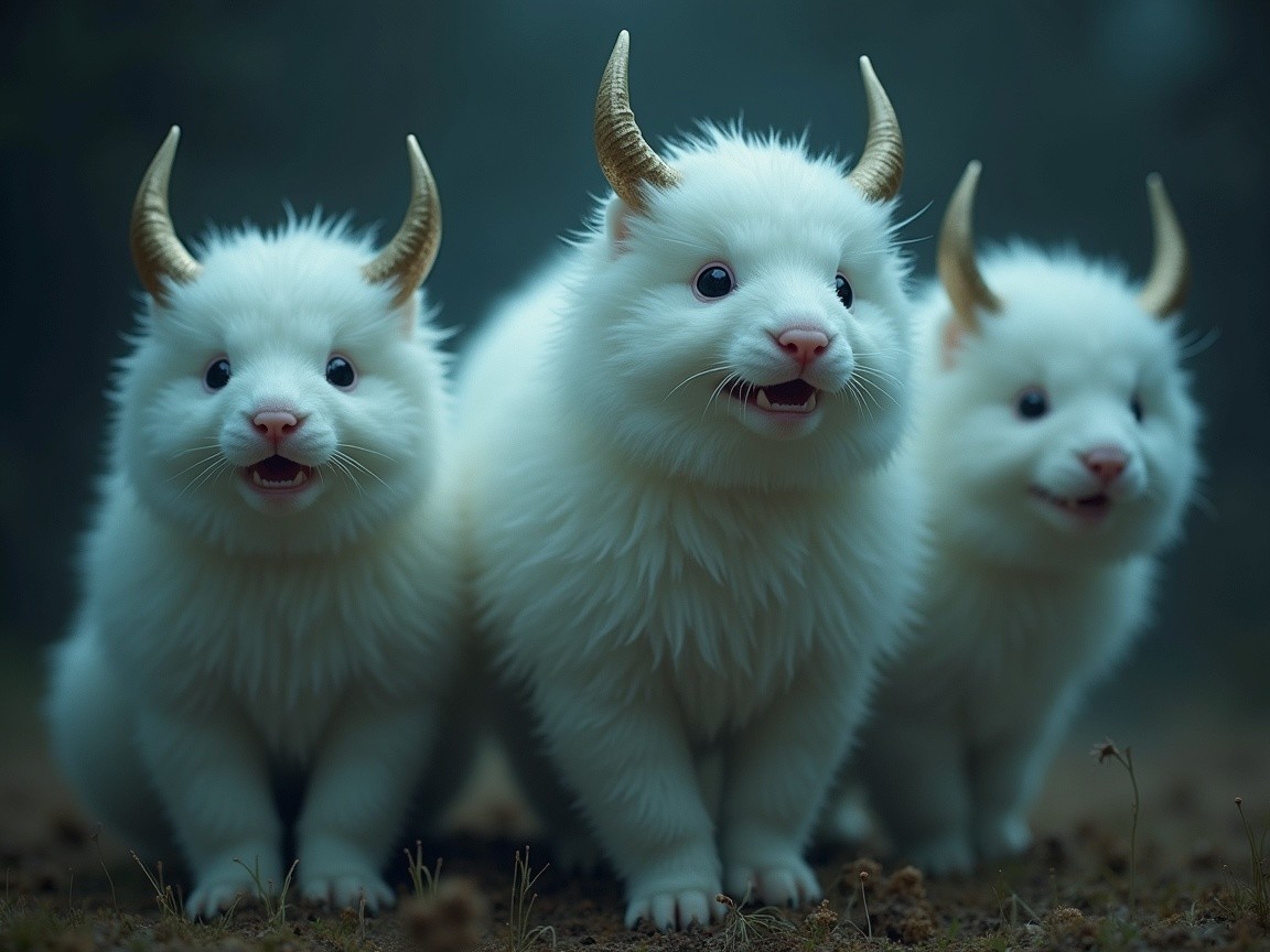 Fluffy White Creatures in a Misty Forest Setting