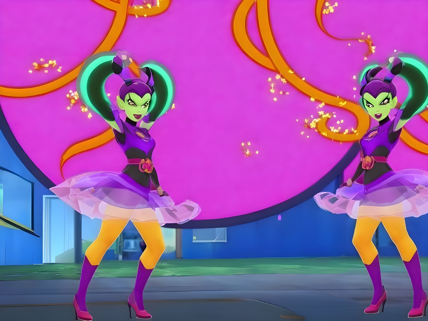 Animated Characters with Green Hair and Purple Outfits