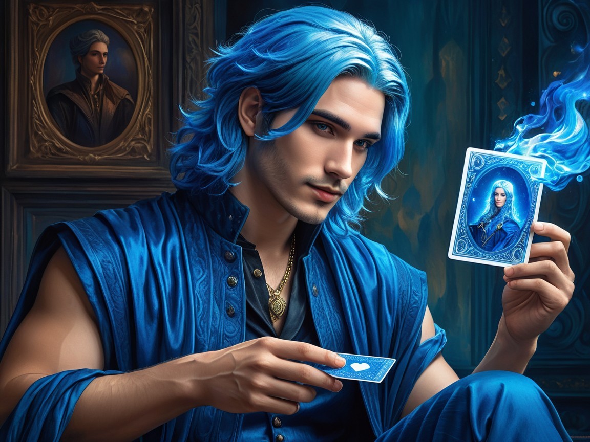 Young man with blue hair in a dimly lit room