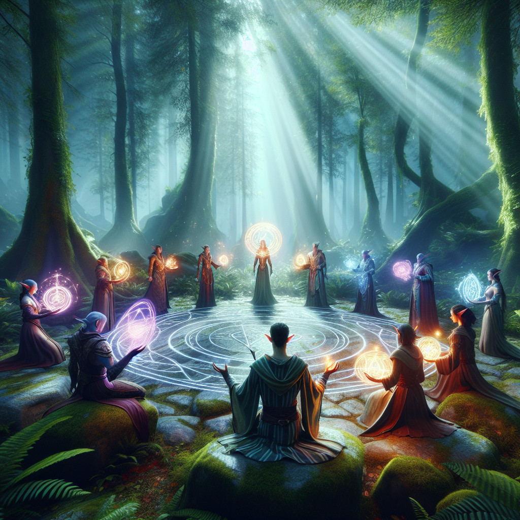 Gathering of Robed Figures Around Enchanted Pool