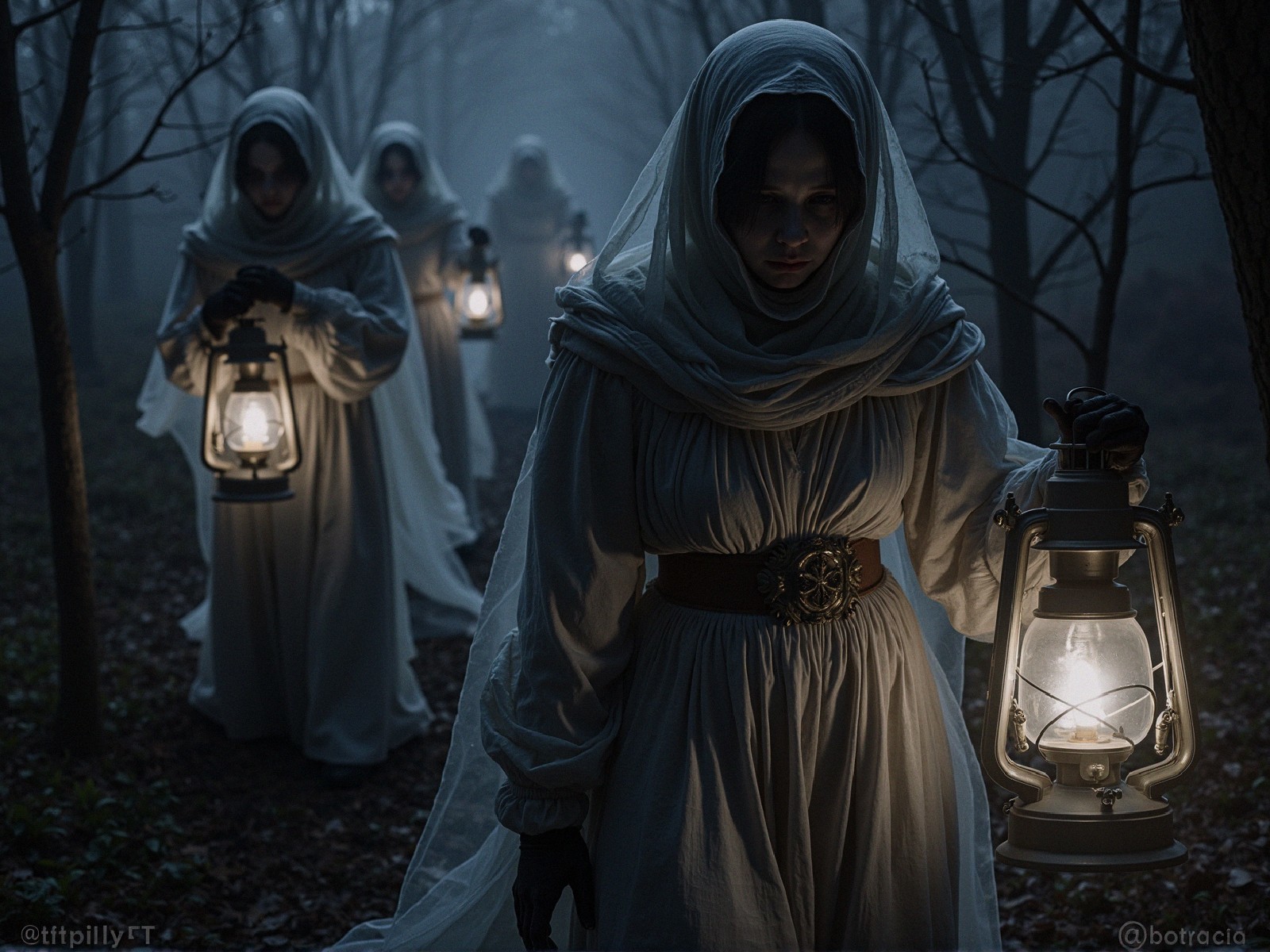 Ethereal Figures in White Robes with Lanterns in Forest