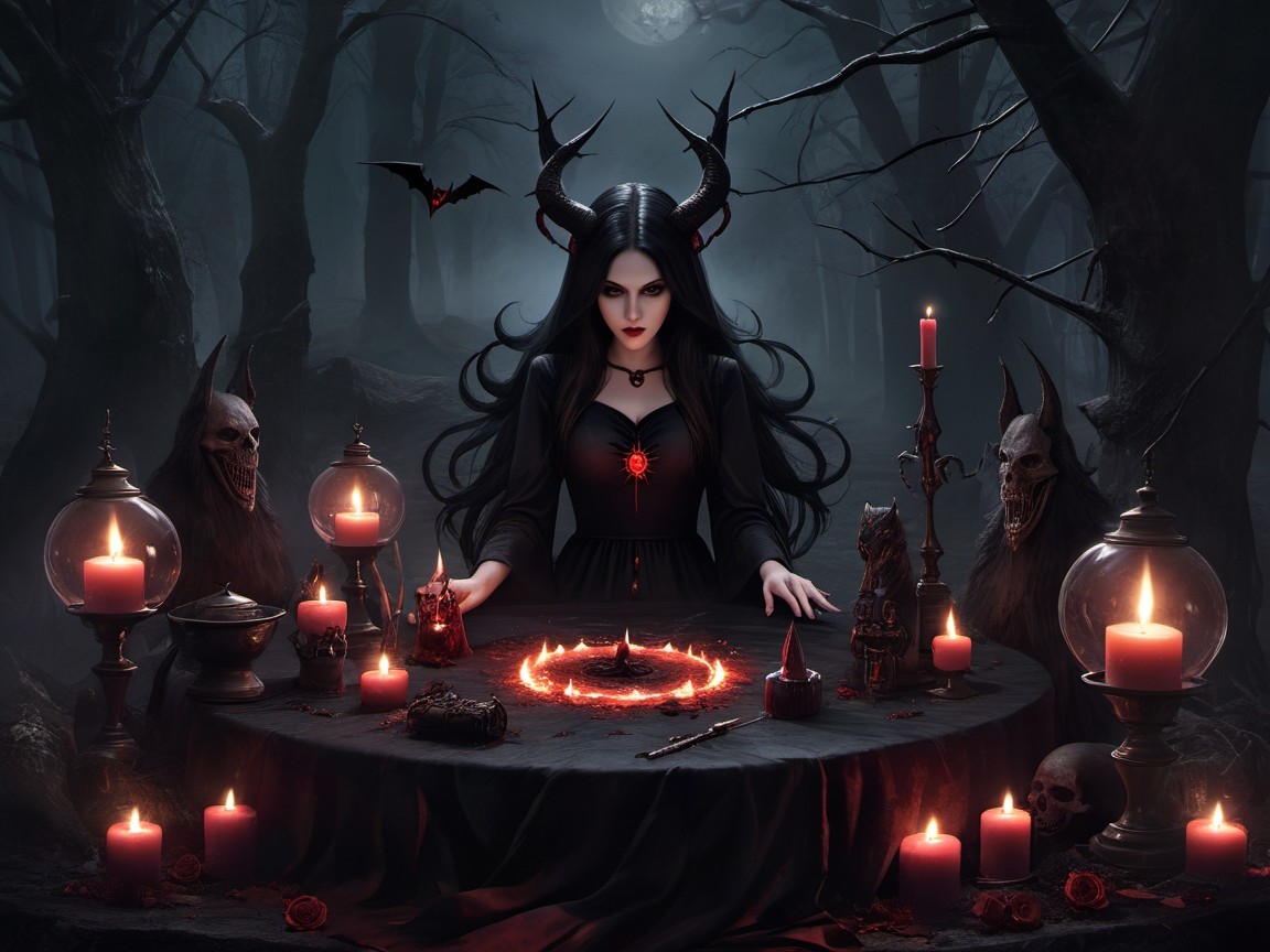 Sorceress in Moonlit Forest Ritual with Mystical Artifacts
