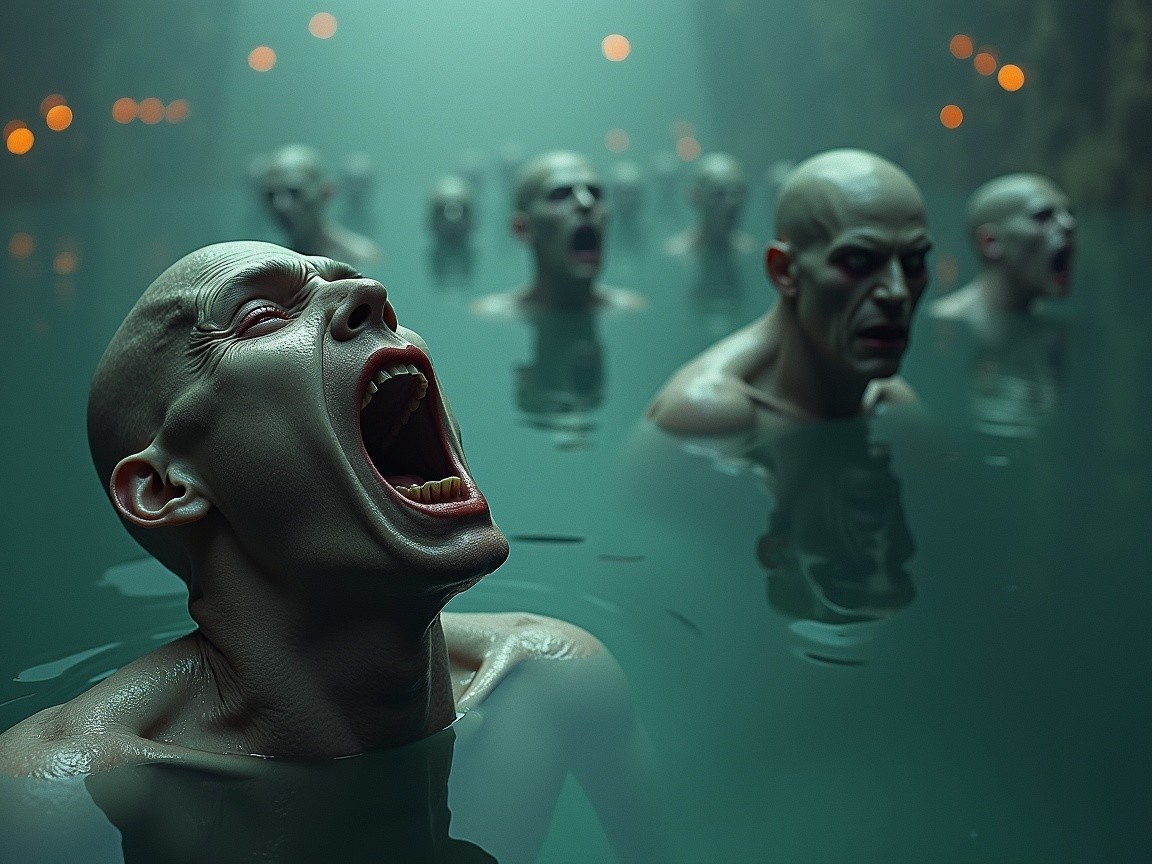 Bald Figures in Murky Water Expressing Anguish