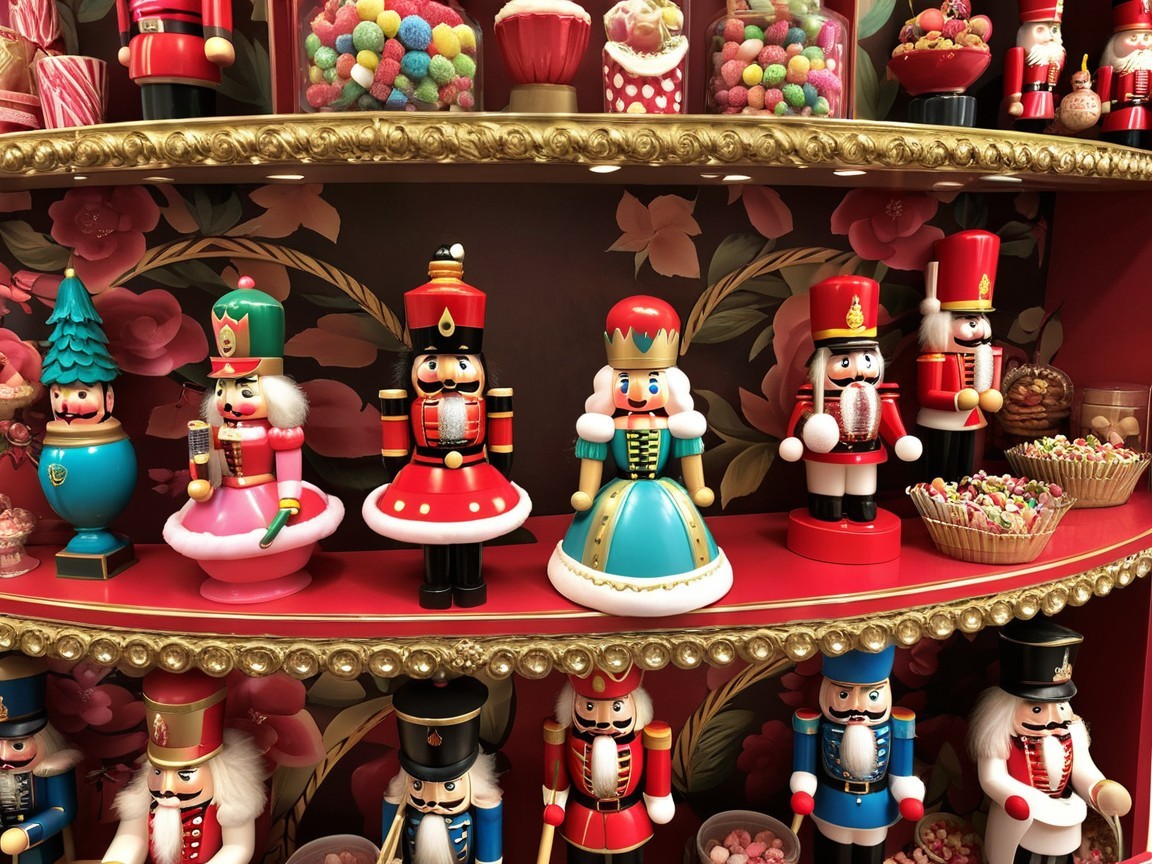 Decorative Nutcrackers Displayed on Tiered Shelf