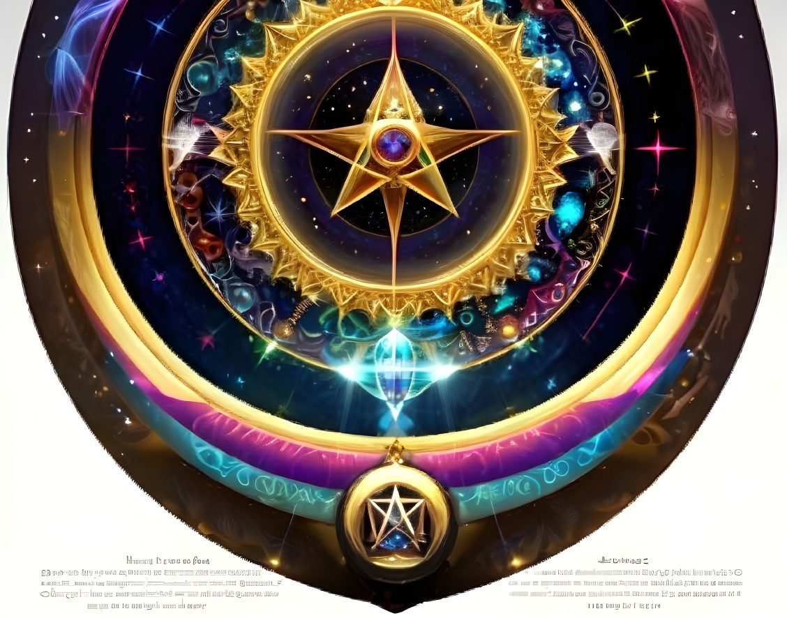 Vibrant Circular Design with Golden Star and Galaxies