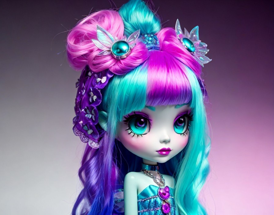 Whimsical Doll with Turquoise and Pink Curly Hair