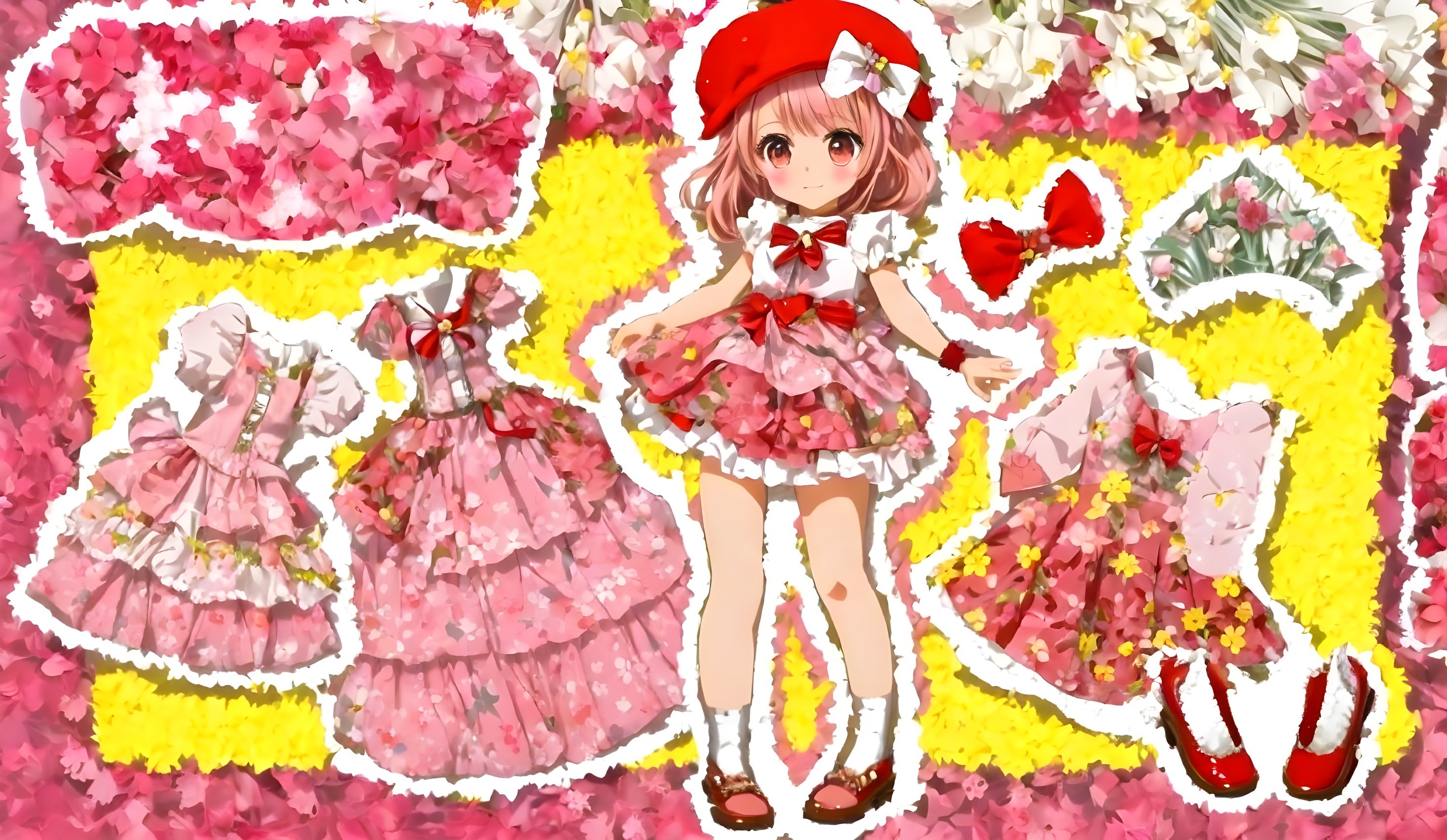 Cute character in pink frilly dress with floral patterns
