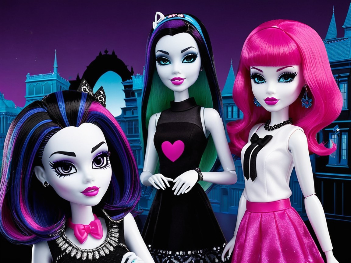 Stylish Dolls with Unique Looks Against Purple Background