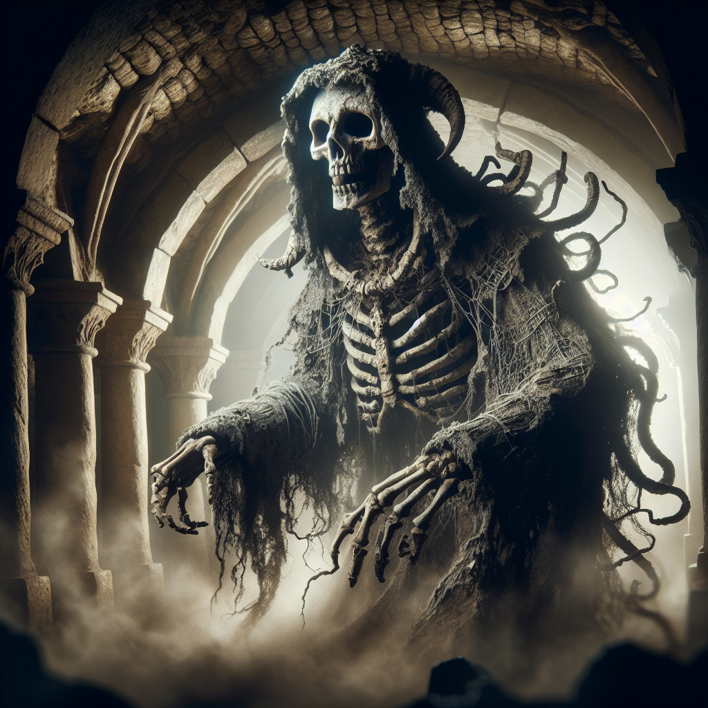 Skeletal Figure in Tattered Robes in Ancient Archway