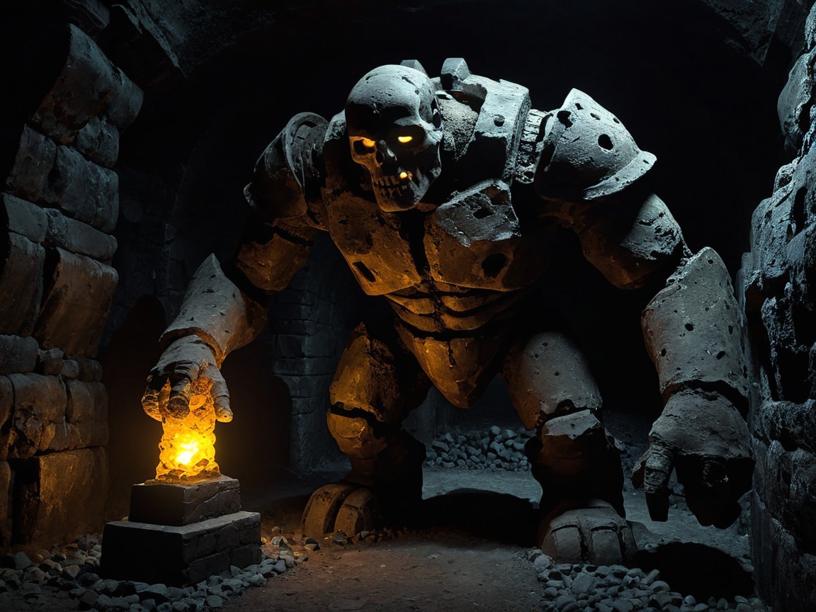Stone Golem in Dim Underground with Glowing Orb