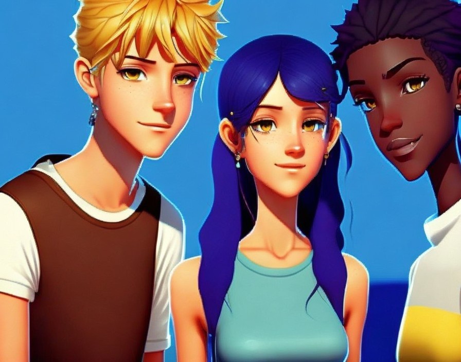 Three Animated Characters on Bright Blue Background