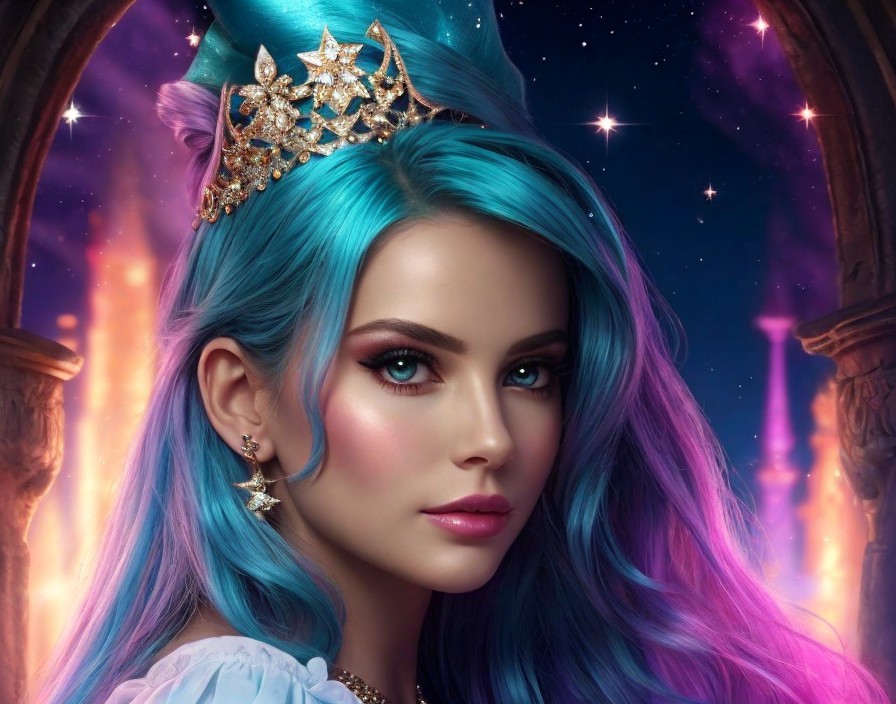 Fairy Tale Character with Teal and Pink Hair and Crown