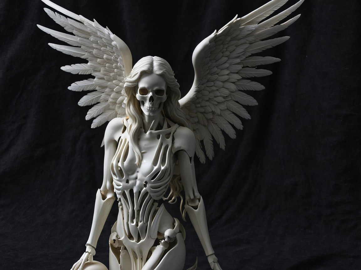 Skeletal Sculpture with Ornate Wings and Dark Background