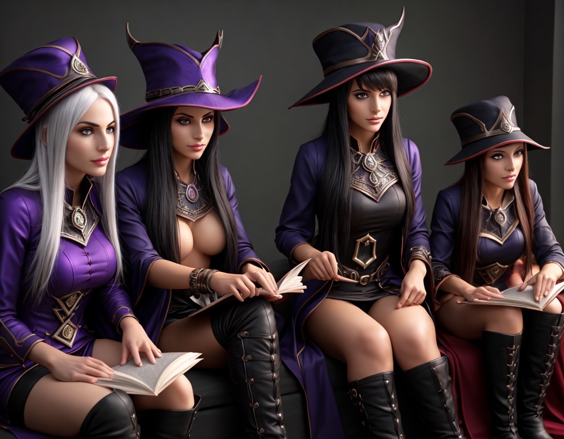 Elegant Women in Purple Hats with Books and Boots