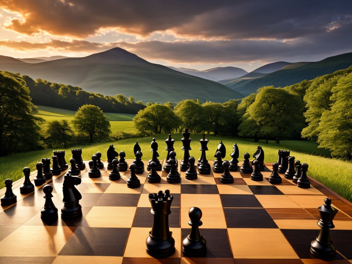 Chessboard in Scenic Mountain Landscape at Sunset