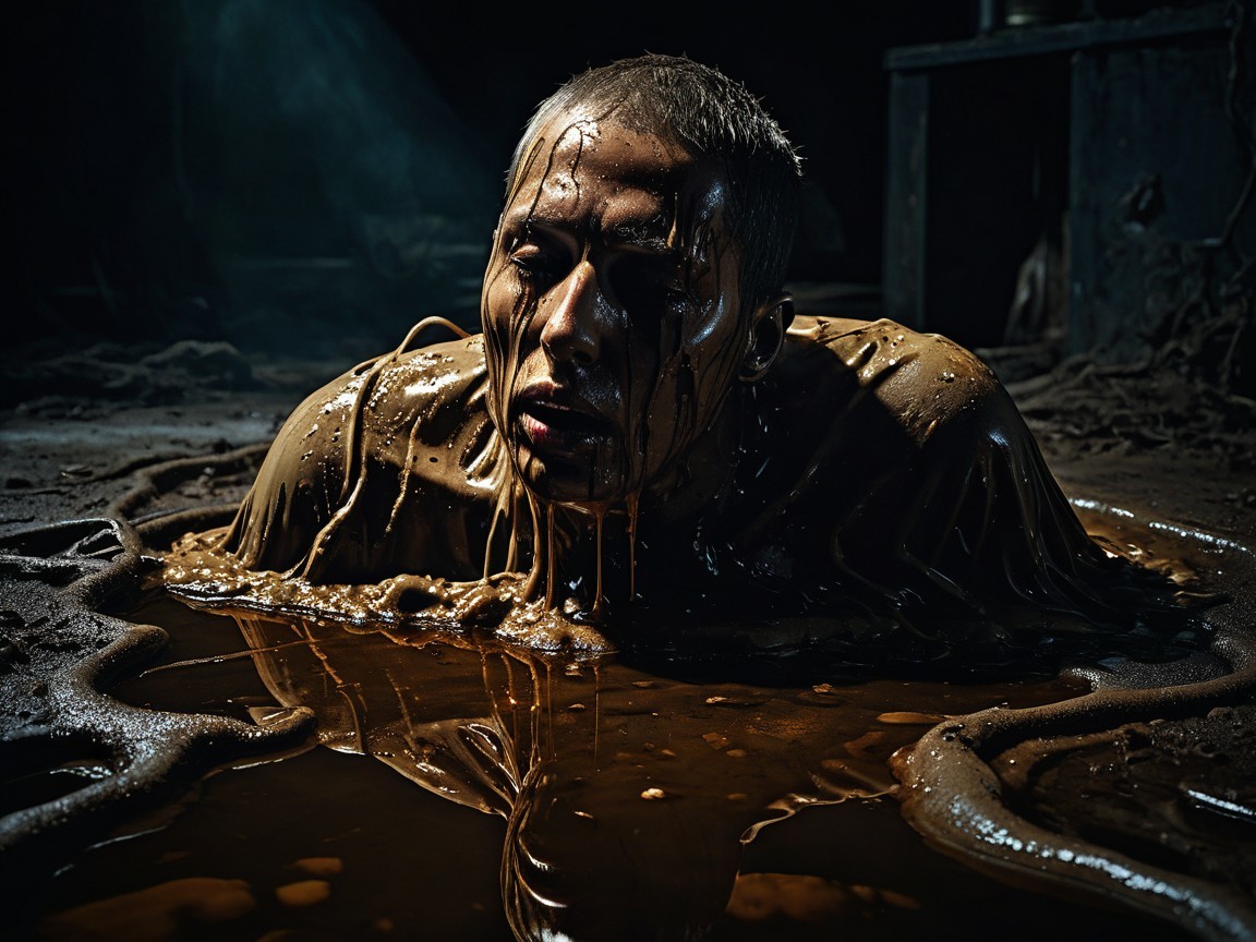 Person in dark liquid with expression of struggle
