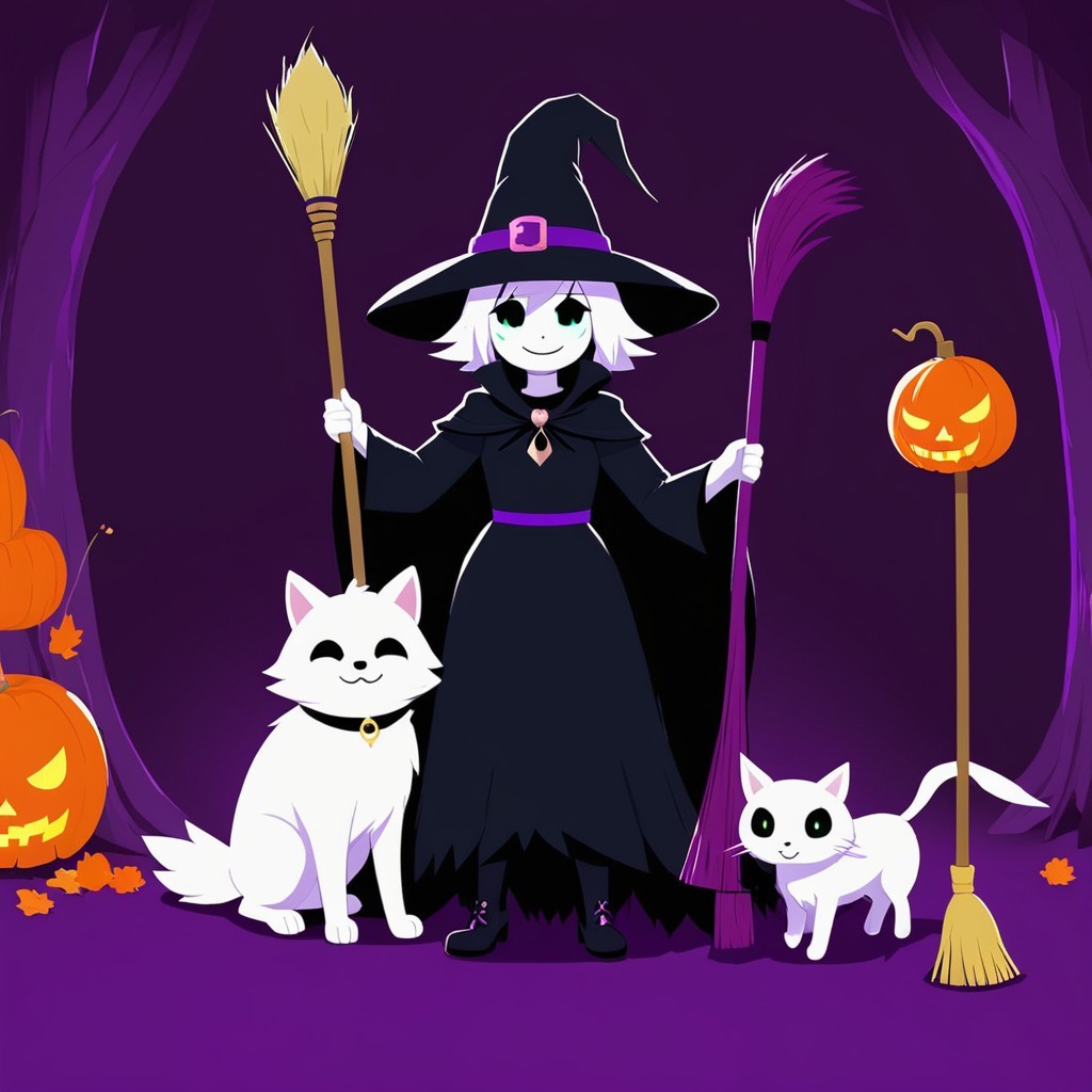 Cheerful Cartoon Witch in Whimsical Forest Scene