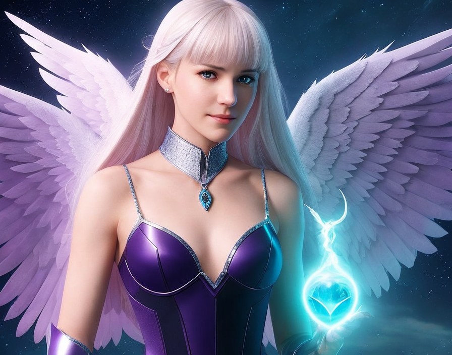 Celestial Figure in Purple Outfit with Wings and Orb