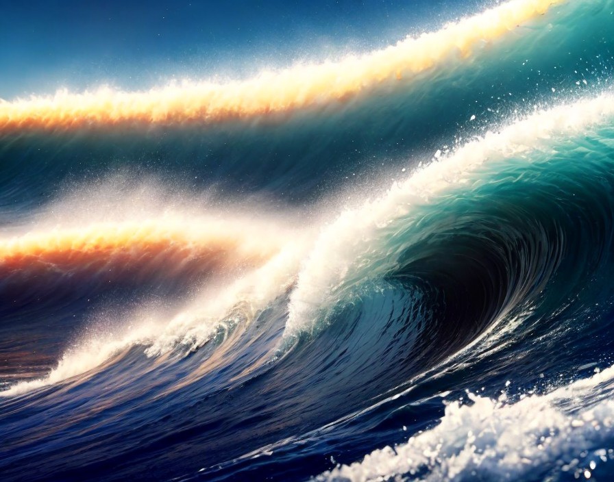 Dynamic Seascape with Turquoise and Gold Waves