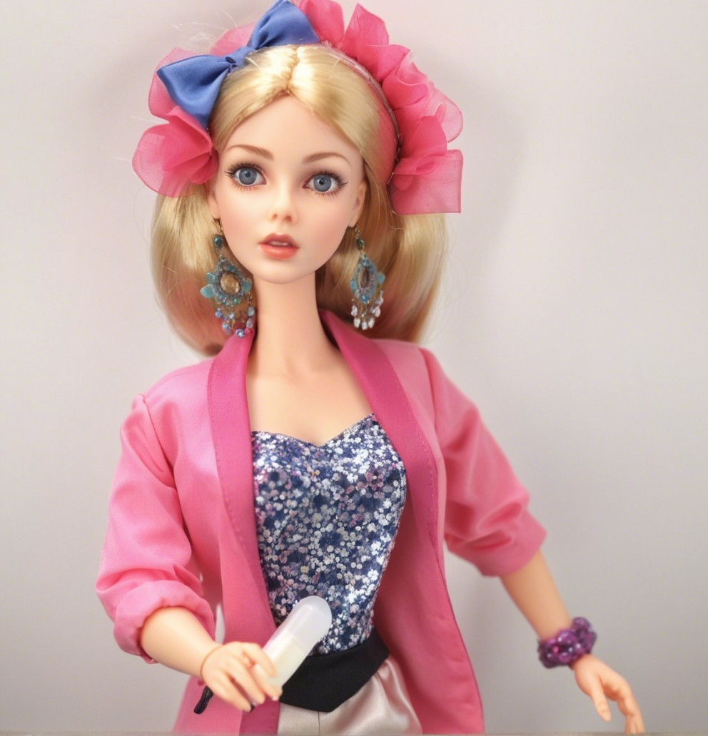 Fashionable doll in pink blazer and sparkly top
