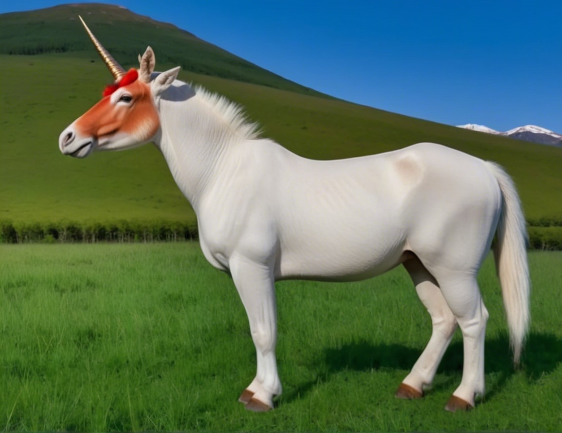 Whimsical Unicorn-Horse in a Green Meadow Scene