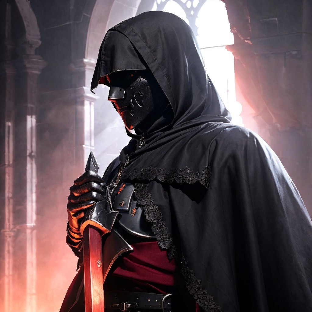 Cloaked Figure in Gothic Setting with Sword and Armor