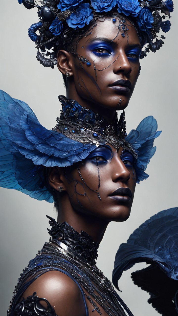 Elegant Figures with Intricate Headpieces and Makeup