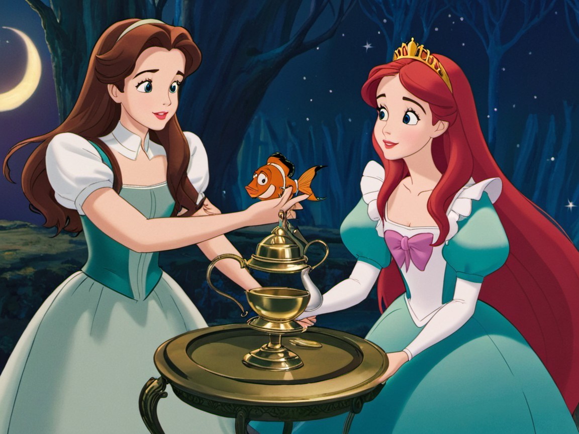 Animated princesses in a magical moonlit forest