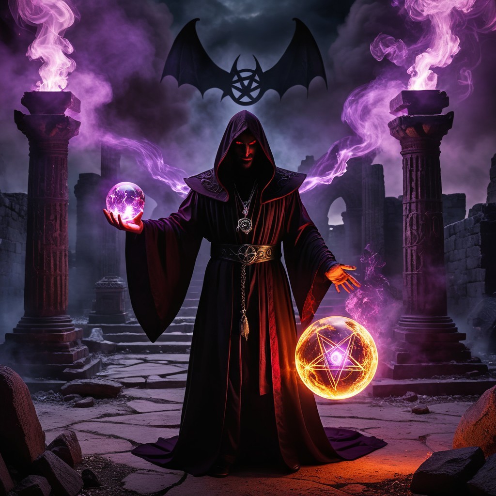 Cloaked Figure in Mystical Ruin with Glowing Orbs