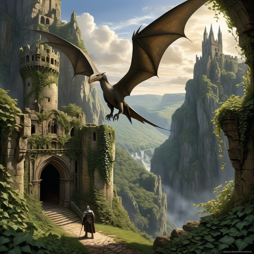 Knight at Ivy-Covered Castle Under Soaring Dragon