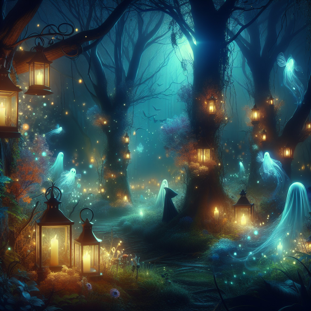 Mystical Forest with Glowing Lanterns and Spirits